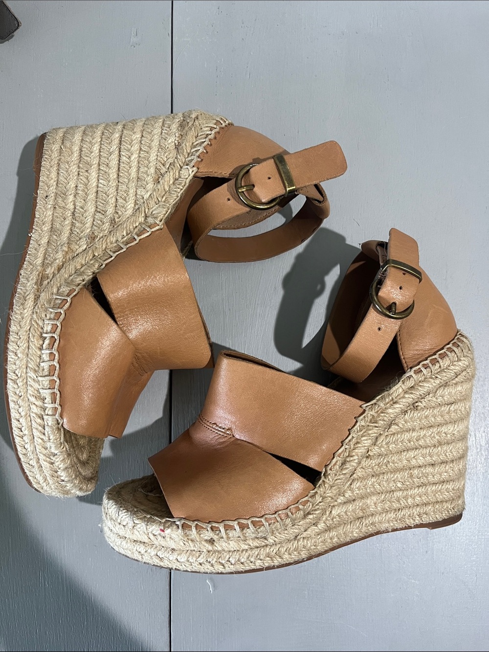 Treasure & Bond Tan Leather Espadrille Wedge Sandals with Ankle Strap